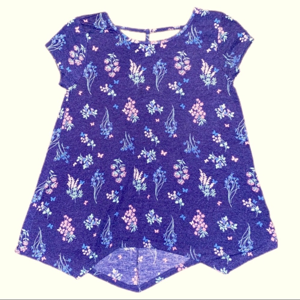 SO Girls 7/8 Floral Tunic in Dark Blue w Short Sleeves & Cutout Back